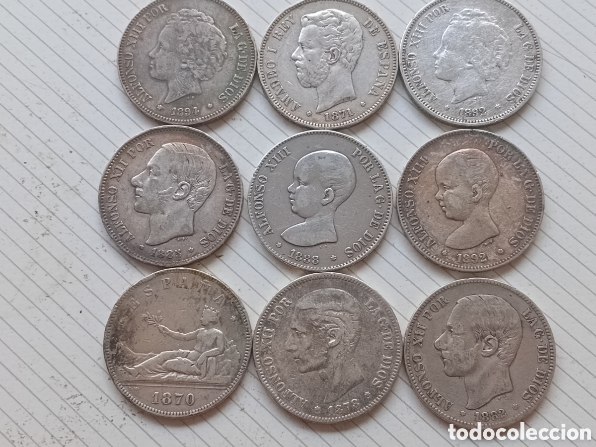 Monedas de Espa&ntilde;a: 9 duros originales de 5 pesetas de plata. Diferentes