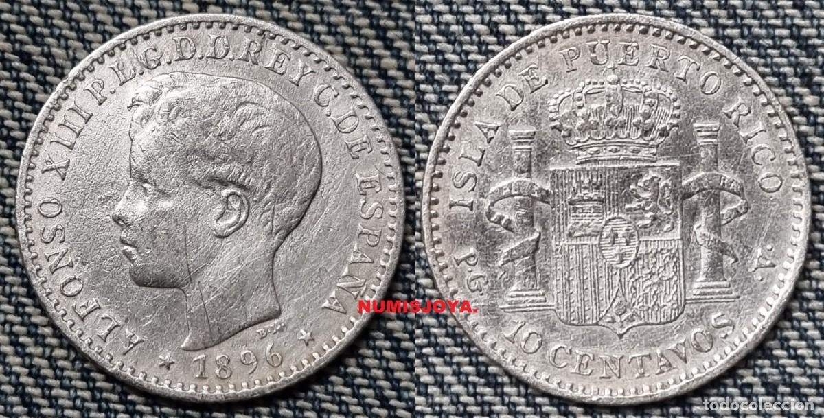 Monedas de Espa&ntilde;a: Espa&ntilde;a ALFONSO XIII 10 centavos plata 1896 Puerto Rico. Peso 2,48 gr. ESCASA.