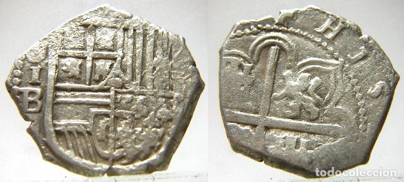 M&uuml;nzen von Spanien: Moneda macuquina de Felipe II ,1 real de Sevilla IB, 3,30 gr.