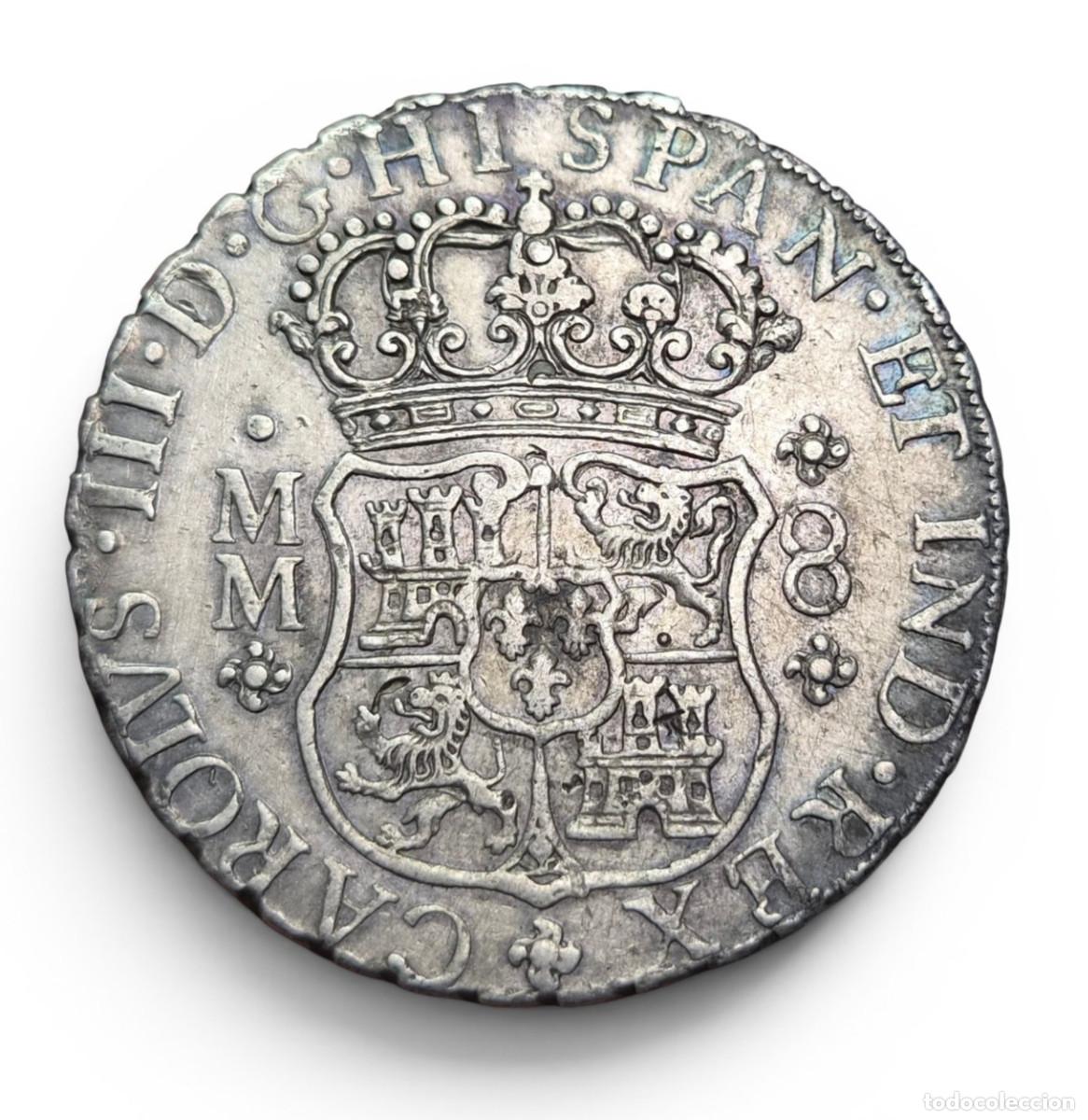 M&uuml;nzen von Spanien: Carlos III. 8 Reales 1760 Mexico MM 27 gr P&aacute;tina 2 insignificantes resellos chinos en an y rev