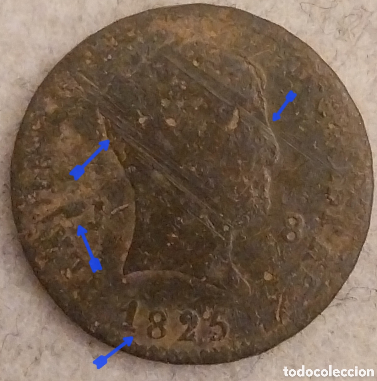 Coins of Spain: ​8 Maraved&iacute;s 1825 Jubia MBC - RARO TRIPLE ERROR CU&Ntilde;O