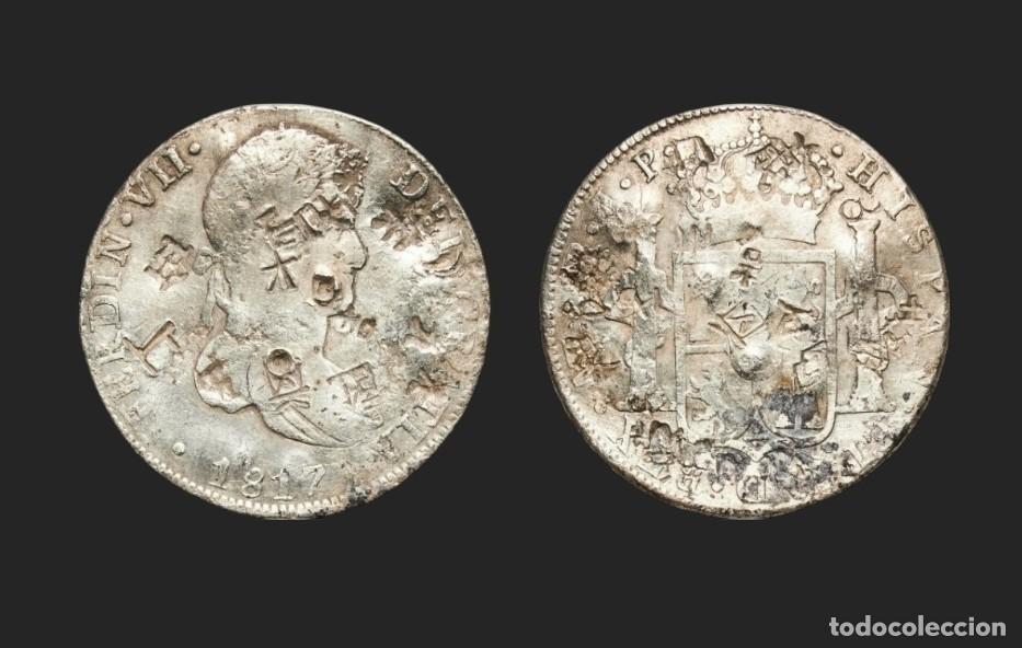 Monedas de Espa&ntilde;a: ​8 Reales 1817 Fernando VII. Lima (JP). Con resellos orientales. Chopmarks). VF