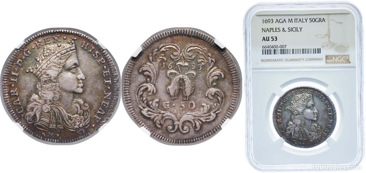 Monedas de Espa&ntilde;a: Italy Kingdom of Naples Kingdom 1693 AGA M &frac12; Ducato - Carlo II Silver (.895) 11g NGC AU 53 KM 120 M