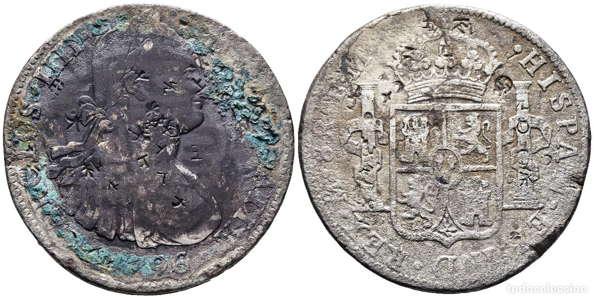 Monedas de Espa&ntilde;a: *** BONITOS 8 REALES DE CARLOS IV. 1796. M&Eacute;XICO FM. RESELLO A TINTA Y ORIENTALES. PLATA ***