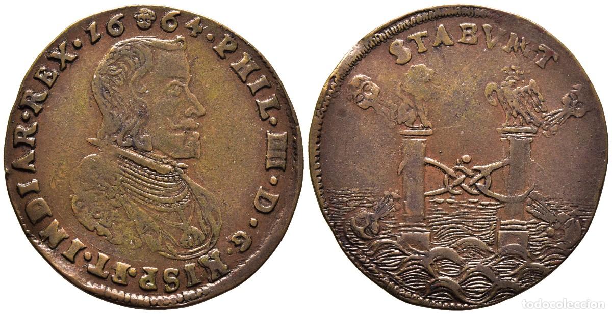 Monedas de Espa&ntilde;a: *** MUY BONITO JET&Oacute;N DE FELIPE IV. 1664 BRUSELAS. COLUMNAS DE H&Eacute;RCULES BATIDAS POR OLAS ***