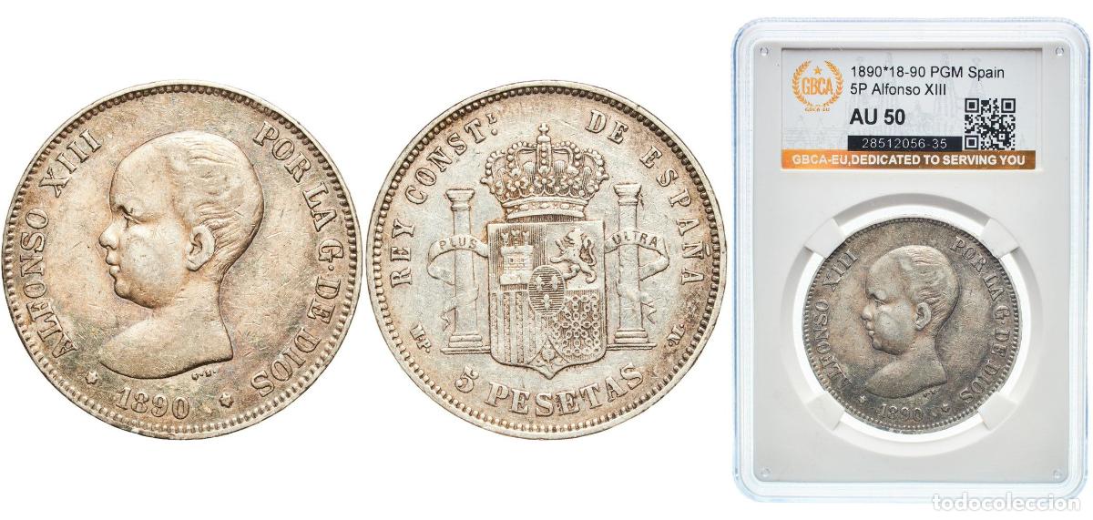 Monedas de Espa&ntilde;a: Spain Kingdom 1890 18-90 PGM 5 Pesetas - Alfonso XIII (1st portrait) Silver (.900) Madrid Mint (42