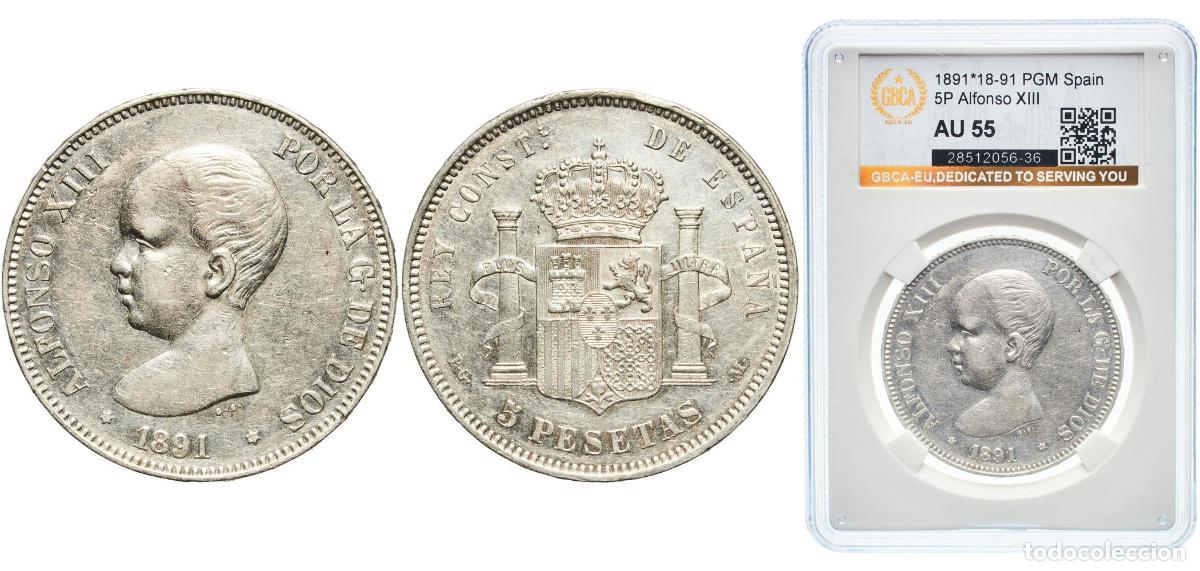Monedas de Espa&ntilde;a: Spain Kingdom 1891 18-91 PGM 5 Pesetas - Alfonso XIII (1st portrait) Silver (.900) Madrid Mint (11