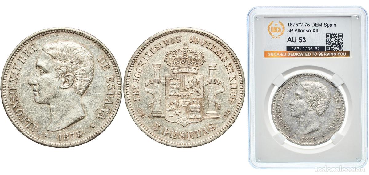 Monedas de Espa&ntilde;a: Spain Kingdom 1875 ??-75 DEM 5 Pesetas - Alfonso XII (1st portrait;legend in edge) Silver (.900) M
