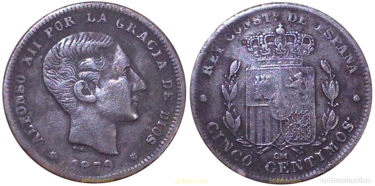 Moedas de Espanha: 1512 ESPA&Ntilde;A 1879 ALFONSO XII 5 CENTIMOS BARCELONA OM 1879