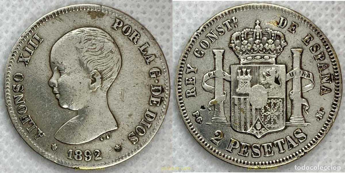 Monedas de Espa&ntilde;a: 2573 ESPA&Ntilde;A 1892 2 Pesetas Alfonso XIII 1892 *18-92 PG M