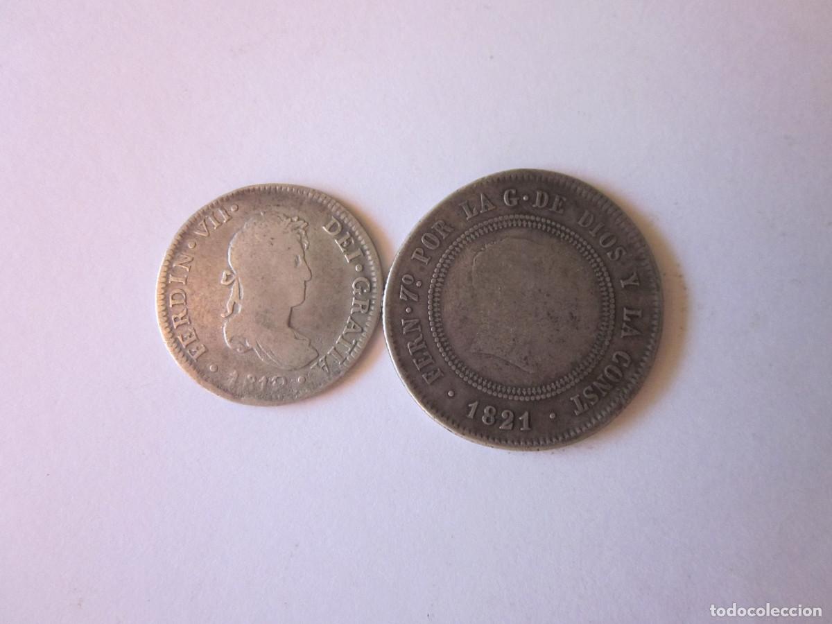Monedas de Espa&ntilde;a: Dos y Diez Reales de Fernando VII. Lima 1819 y Madrid 1821. Plata.