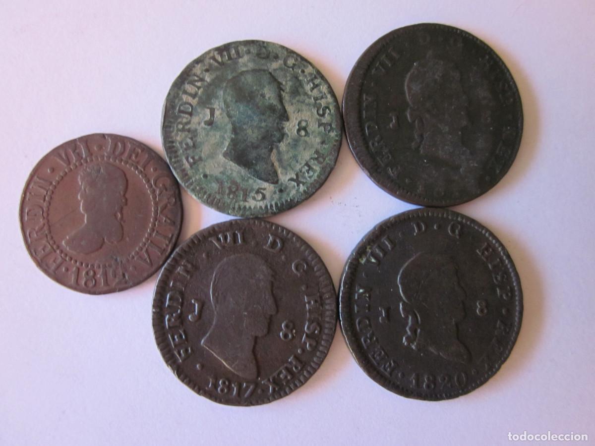 Monedas de Espa&ntilde;a: Doce Dineros y Ocho Maraved&iacute;s (4) de Fernando VII. Mallorca 1812 y Jubia 1815, 1817, 1819 y 1820.