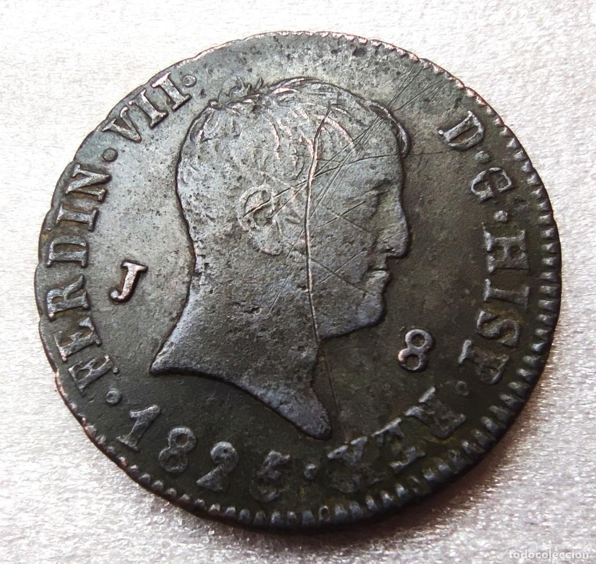 Monedas de Espa&ntilde;a: Fernando VII 8 Maraved&iacute;s 1825 de Jubia Calic&oacute; 208 MBC P&aacute;tina oscura