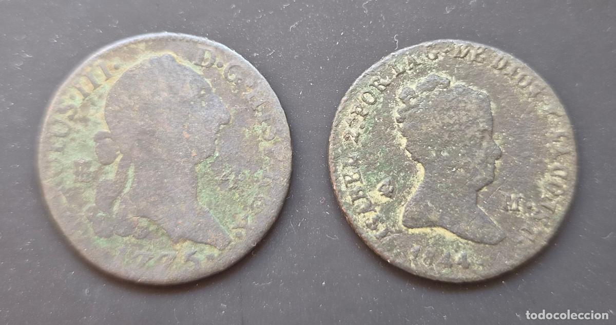 Monedas de Espa&ntilde;a: Lote 2 monedas Carlos III 4 maraved&iacute;s 1775 e Isabel 2&ordf; 4 maravedis 1844. Segovia