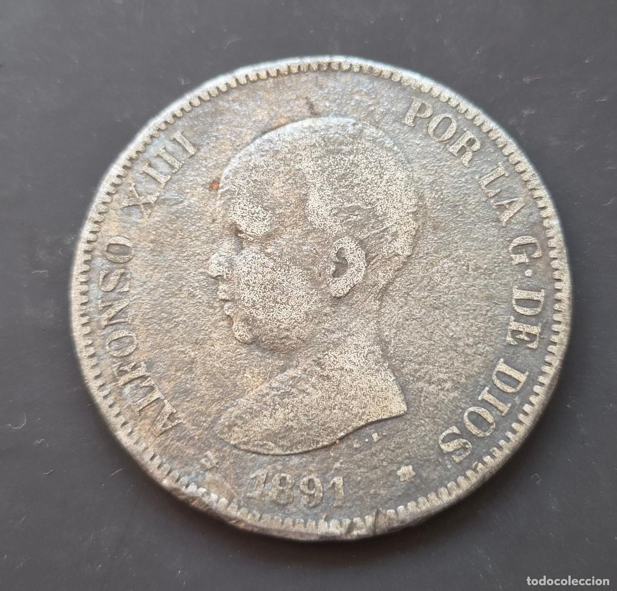 Monedas de Espa&ntilde;a: Alfonso XIII 5 pesetas 1891. Falsa de &eacute;poca. Curiosa