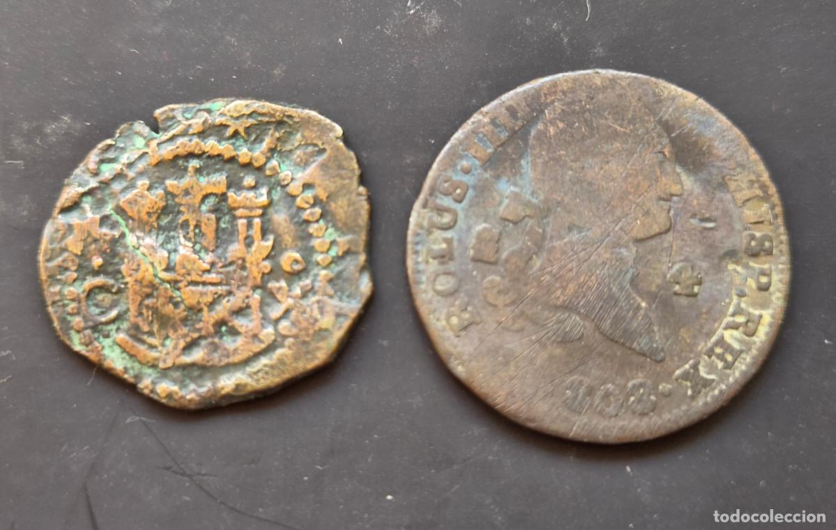 Monedas de Espa&ntilde;a: Lote 2 monedas. Felipe II 2 cuartos Cuenca y Carlos IV 4 maraved&iacute;s 1808 Segovia