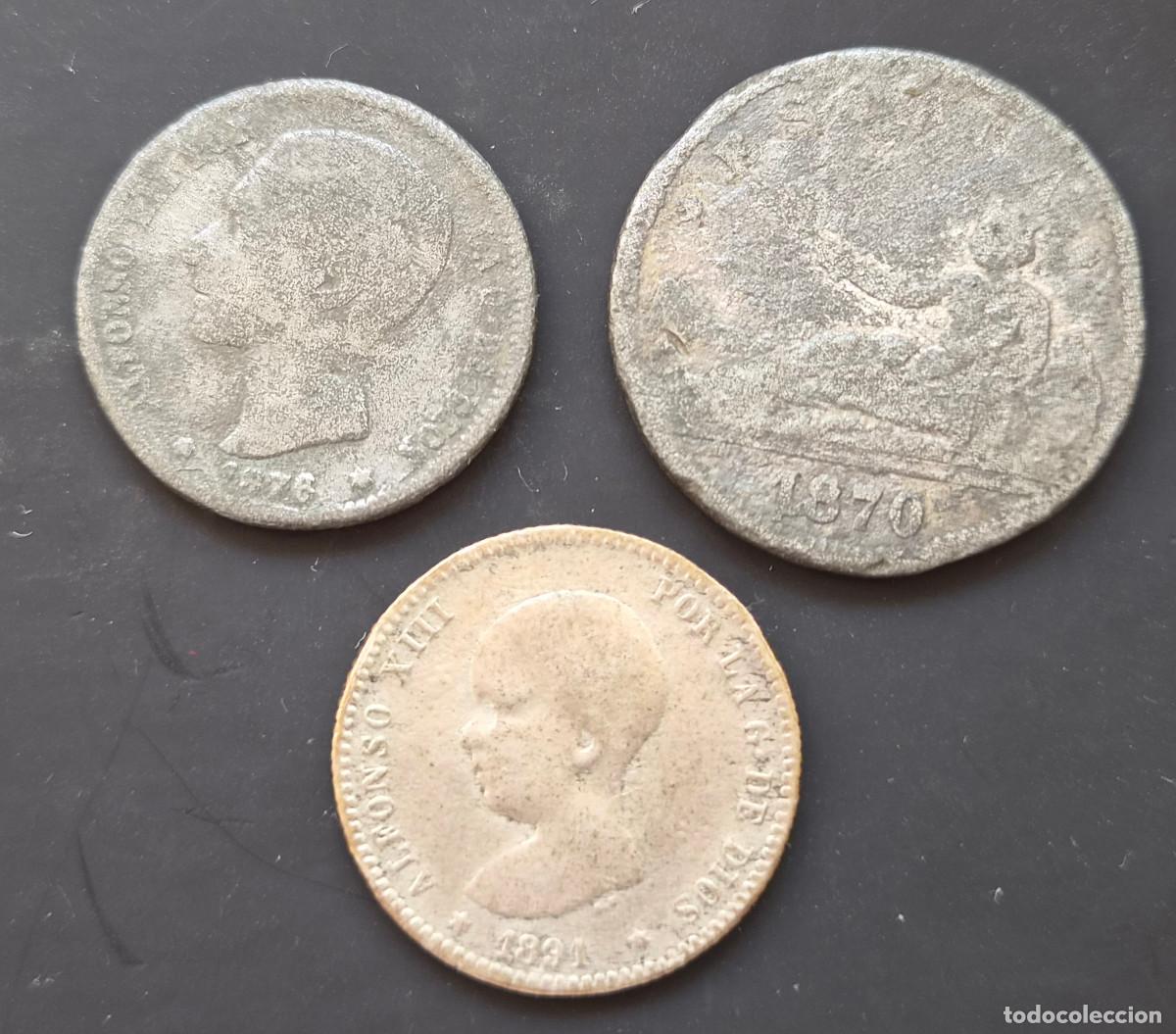 Monedas de Espa&ntilde;a: Lote 3 monedas Falsas de &eacute;poca. Curiosas. 2 pesetas Rep&uacute;blica. 1 peseta 1876 y 1 peseta 1891