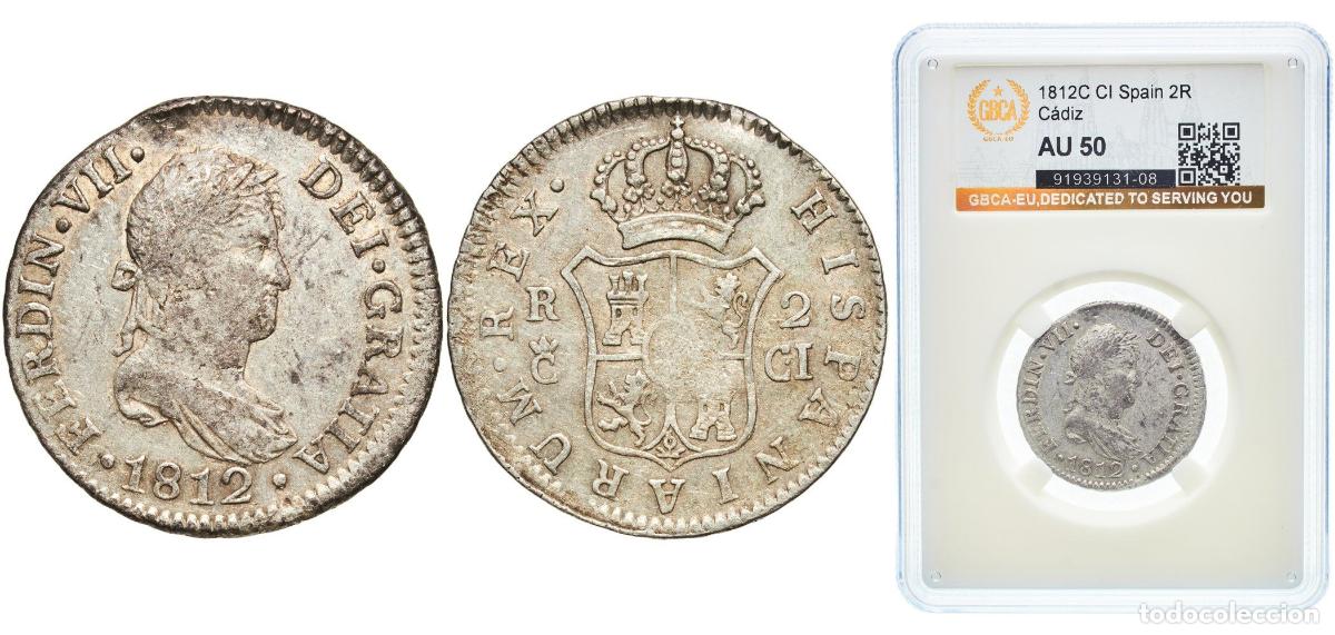 Monedas de Espa&ntilde;a: Spain Kingdom 1812 C 2 Reales - Fernando VII Silver (.812) C&aacute;diz Mint 6g GBCA AU KM 460.1 Cal 838 A
