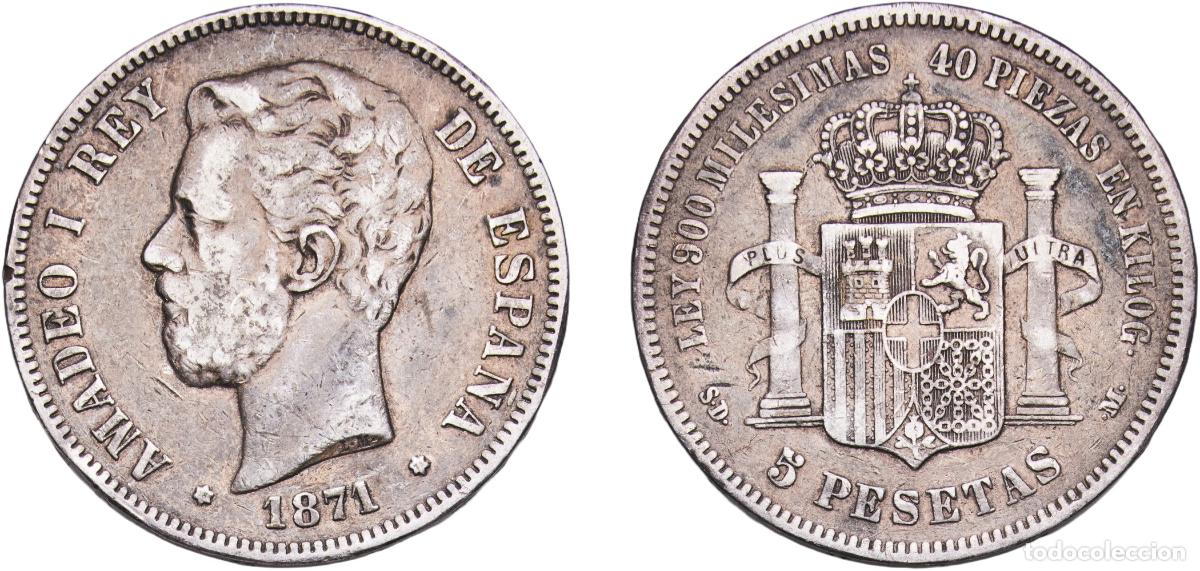 Monedas de Espa&ntilde;a: Spain Kingdom 1871 18-71 SDM 5 Pesetas - Amadeo I Silver (.900) Madrid Mint (2870000) 24.62g VF Ca