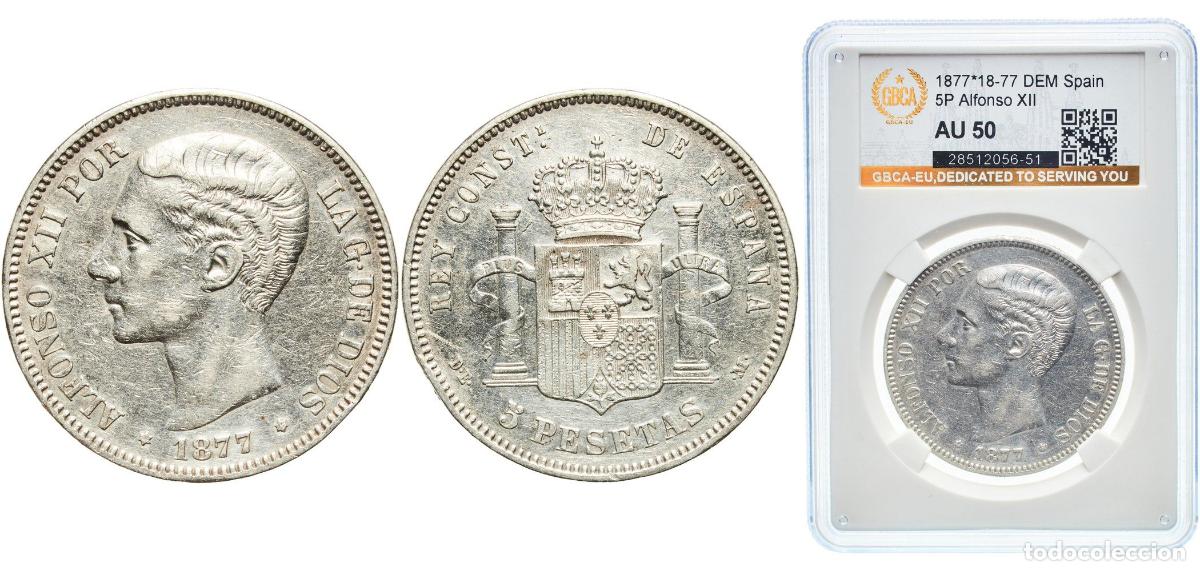 Monedas de Espa&ntilde;a: Spain Kingdom 1877 18-77 DEM 5 Pesetas - Alfonso XII (2nd portrait) Silver (.900) Madrid Mint (698