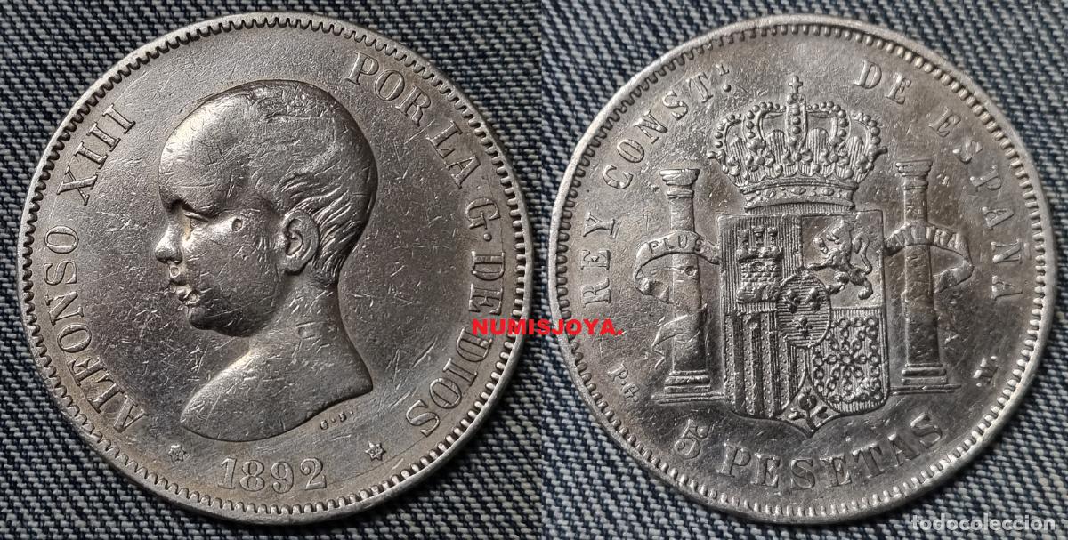 Monedas de Espa&ntilde;a: Alfonso XIII 5 pesetas PLATA a&ntilde;o 1892* 1892 PG M. (Pel&oacute;n). Peso 24,98 gr. FECHAS CLARAS EN ESTRELLAS