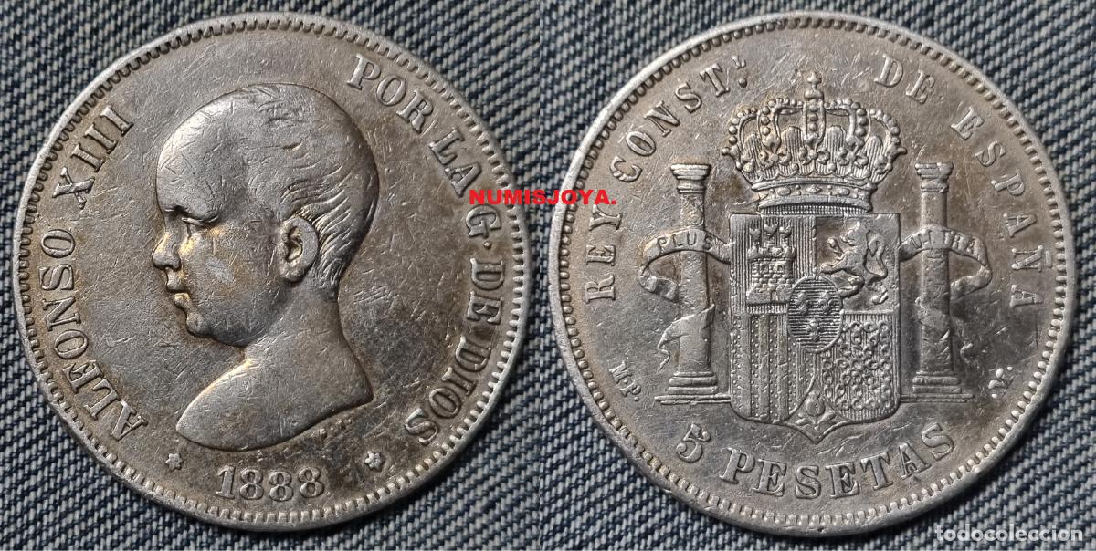 Monedas de Espa&ntilde;a: Alfonso XIII 5 Pesetas Plata a&ntilde;o 1888*1888 MPM. Peso 24,80 gr. Buenos relieves.