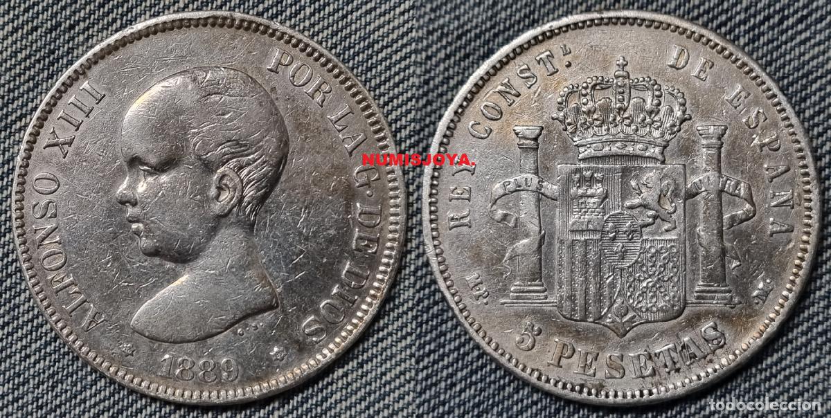 Coins of Spain: BONITA moneda de 5 pesetas Plata de Alfonso XIII, A&ntilde;o 1889*18 89. Peso 24,91 gr.