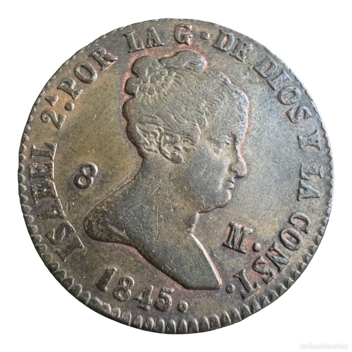 Monedas de Espa&ntilde;a: Isabel II. 8 Maraved&iacute;s 1845 Segovia. Ae MBC+/ Nice VF Buen color