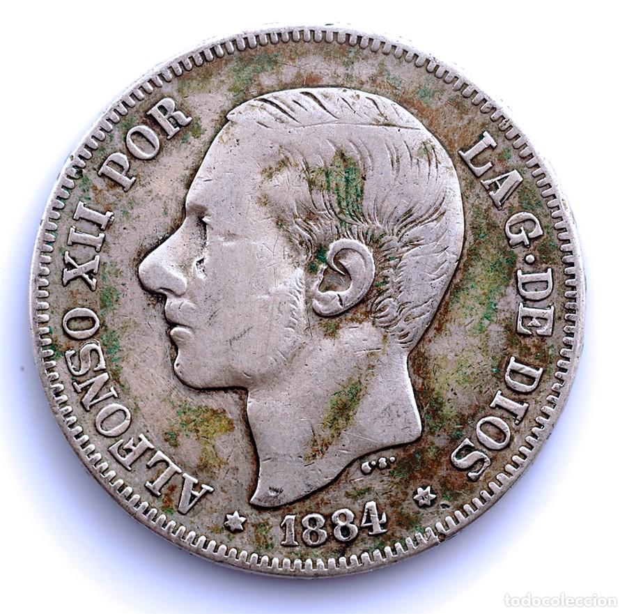 Monedas de Espa&ntilde;a: SC-Falsa de &eacute;poca &rdquo;Duro Sevillano&rdquo; Alfonso XII. 5 Peseta 1884 PGV Madrid Plata 24,8 g.