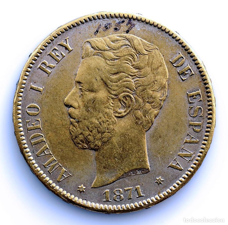 Monedas de Espa&ntilde;a: SC-Falsa de &eacute;poca. Amadeo I. 5 Peseta 1871*18-71 Madrid. EBC-/XF- Calamina 23 g