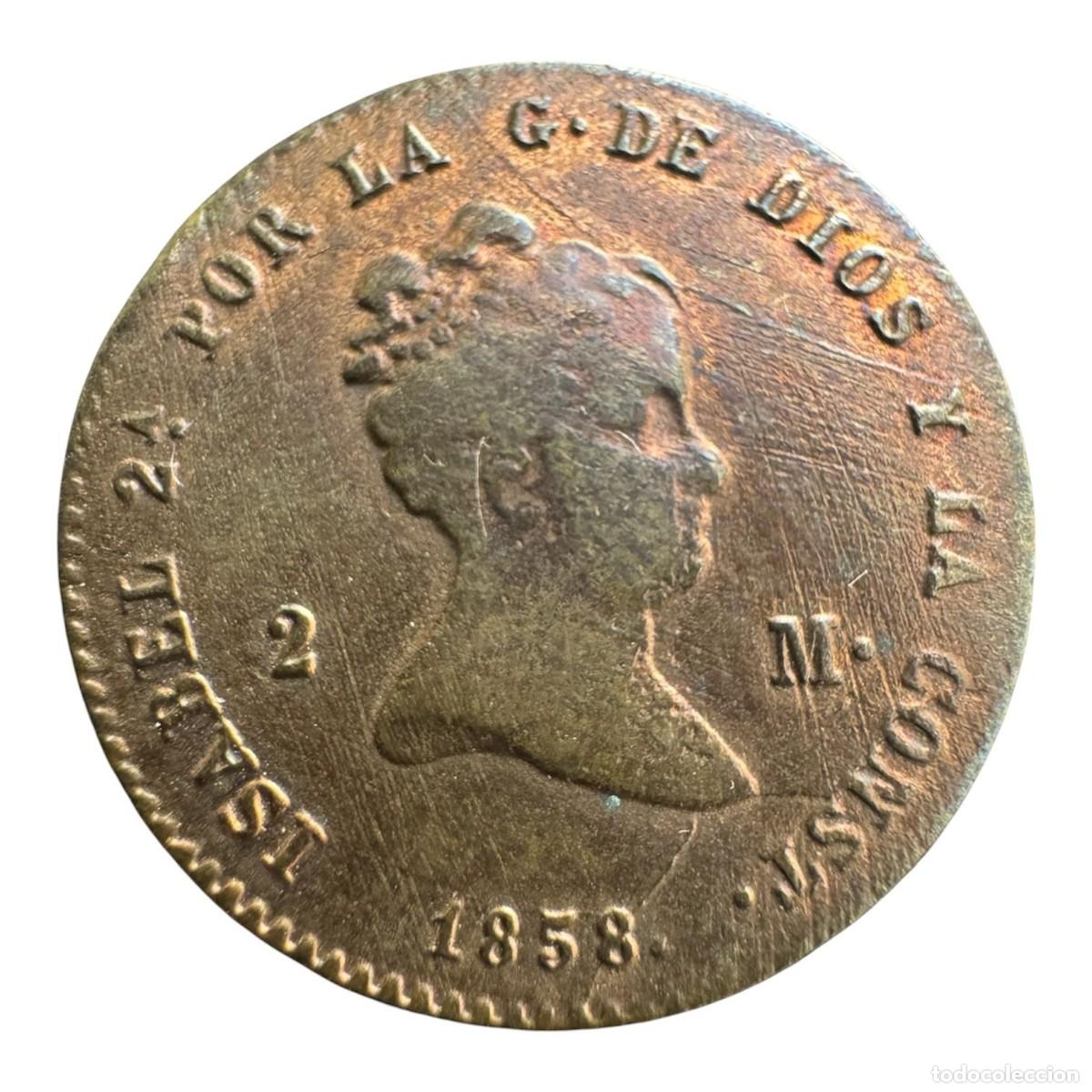 Monedas de Espa&ntilde;a: Isabel II. 2 Maravedis 1858 Barcelona. Buen color Lev&iacute;simas rayitas en anverso MBC+