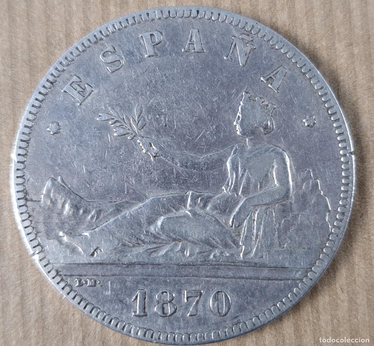 Monedas de Espa&ntilde;a: Moneda de 5 pesetas en plata, Espa&ntilde;a 1870, * 70, I&ordm; rep&uacute;blica