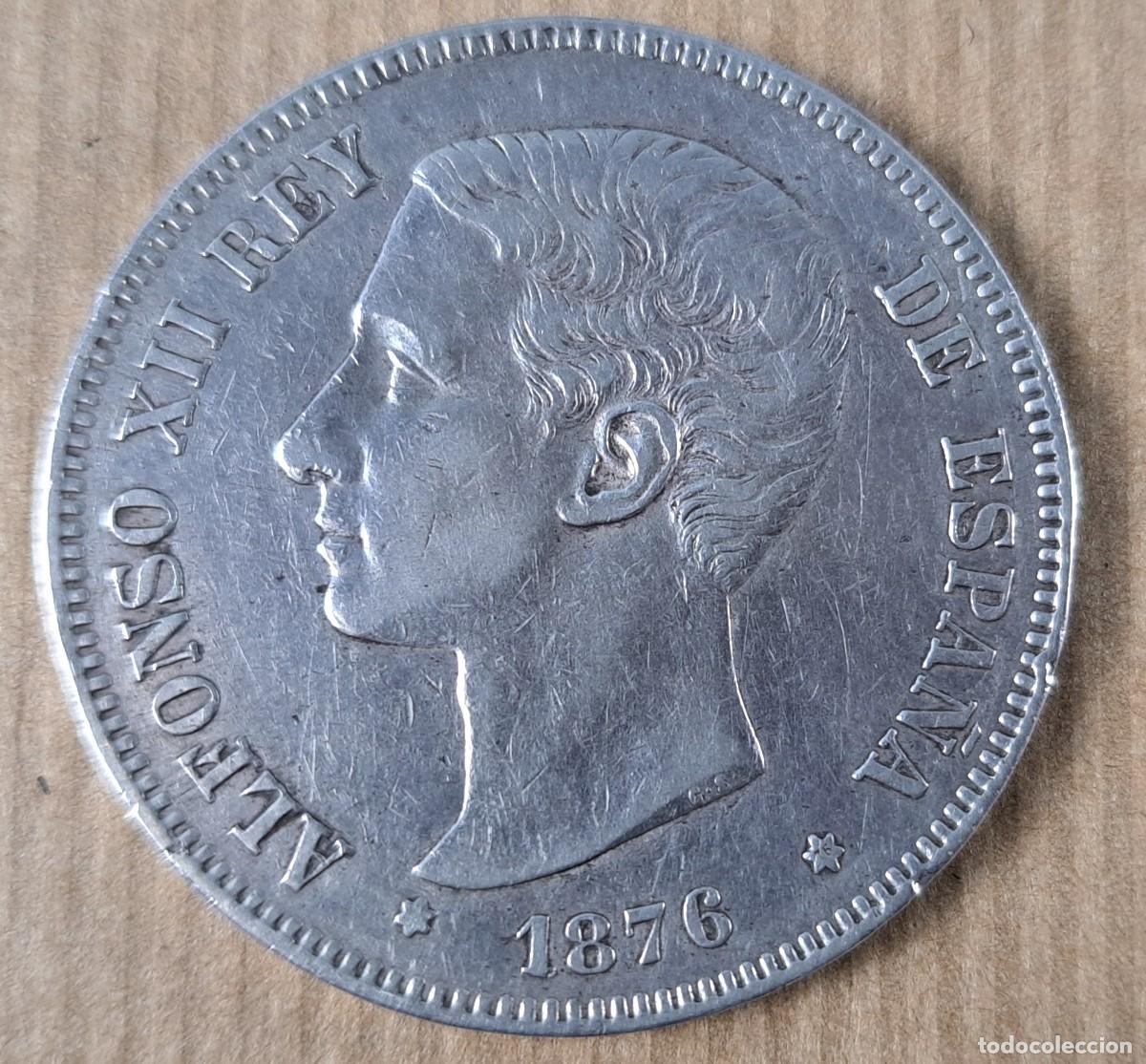 Monedas de Espa&ntilde;a: Moneda de 5 pesetas en plata, Espa&ntilde;a 1876, * 76 Alfonso XII