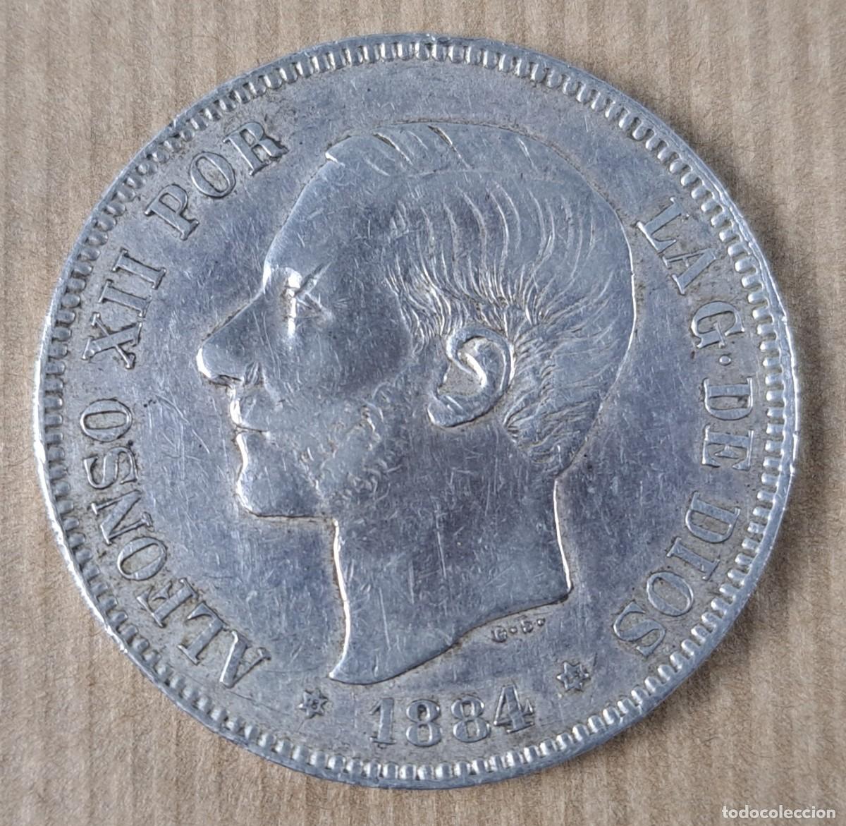 Monedas de Espa&ntilde;a: Moneda de 5 pesetas en plata, Espa&ntilde;a 1884 * 84 Alfonso XII