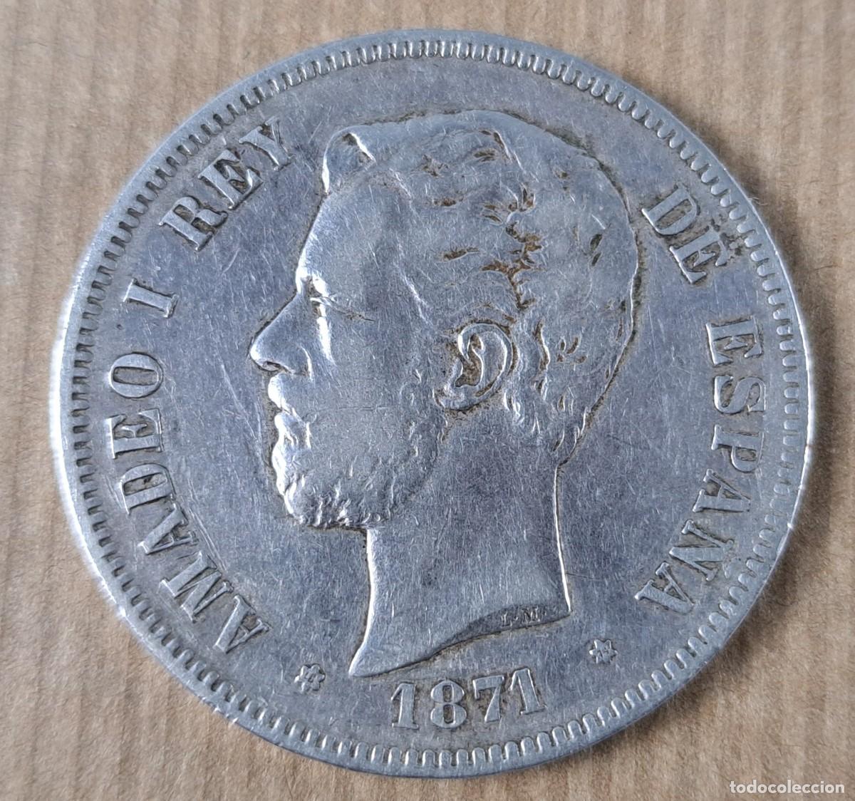 Monedas de Espa&ntilde;a: Moneda de 5 pesetas en plata, Espa&ntilde;a 1871 * 18 -74, Amadeo I