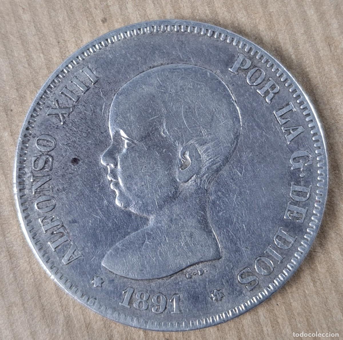Monedas de Espa&ntilde;a: Moneda de 5 pesetas en plata, Espa&ntilde;a 1891 * 91, Alfonso XIII