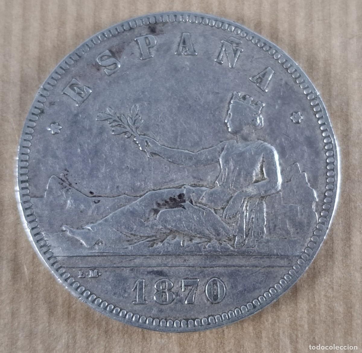 Monedas de Espa&ntilde;a: Moneda de 5 pesetas en plata, Espa&ntilde;a 1870, * 70, rep&uacute;blica