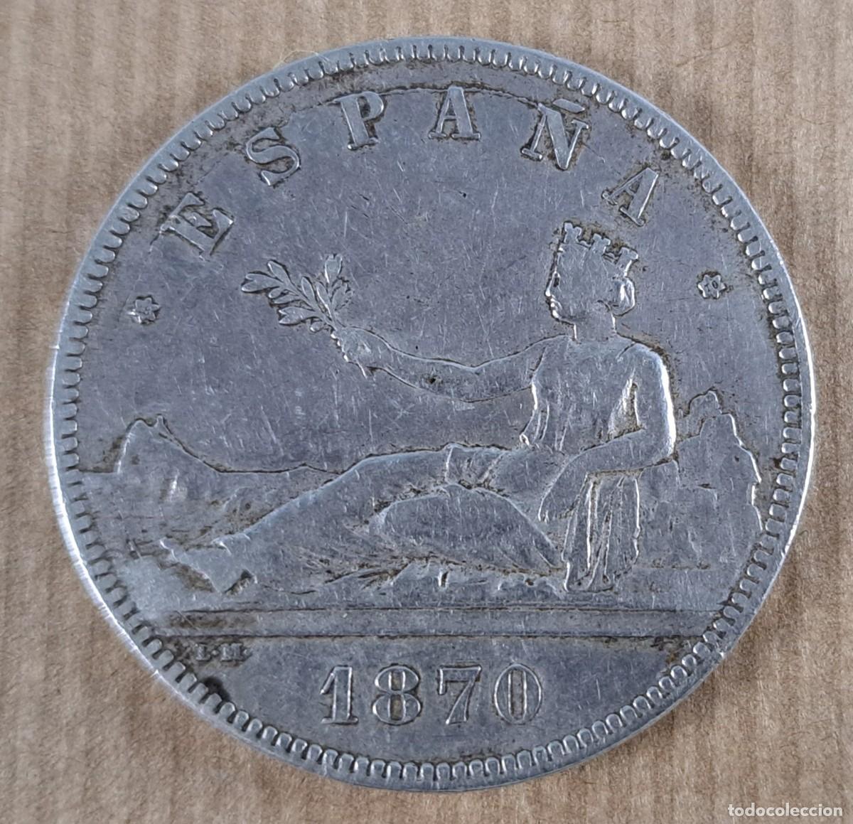 Monedas de Espa&ntilde;a: Moneda de 5 pesetas en plata, Espa&ntilde;a 1870, * 70, rep&uacute;blica