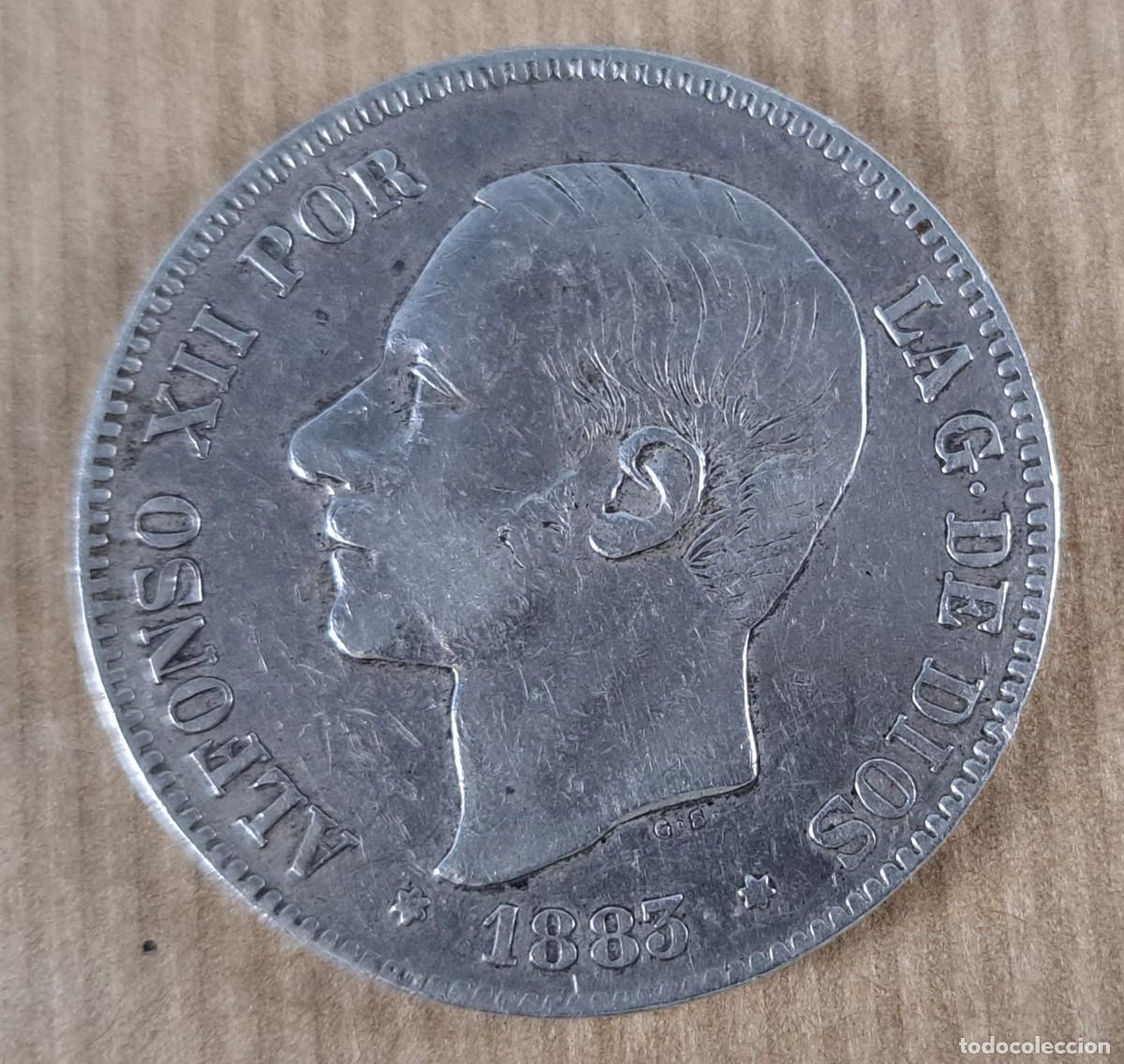 Monedas de Espa&ntilde;a: Moneda de 5 pesetas en plata, Espa&ntilde;a 1883 * 83 Alfonso XII