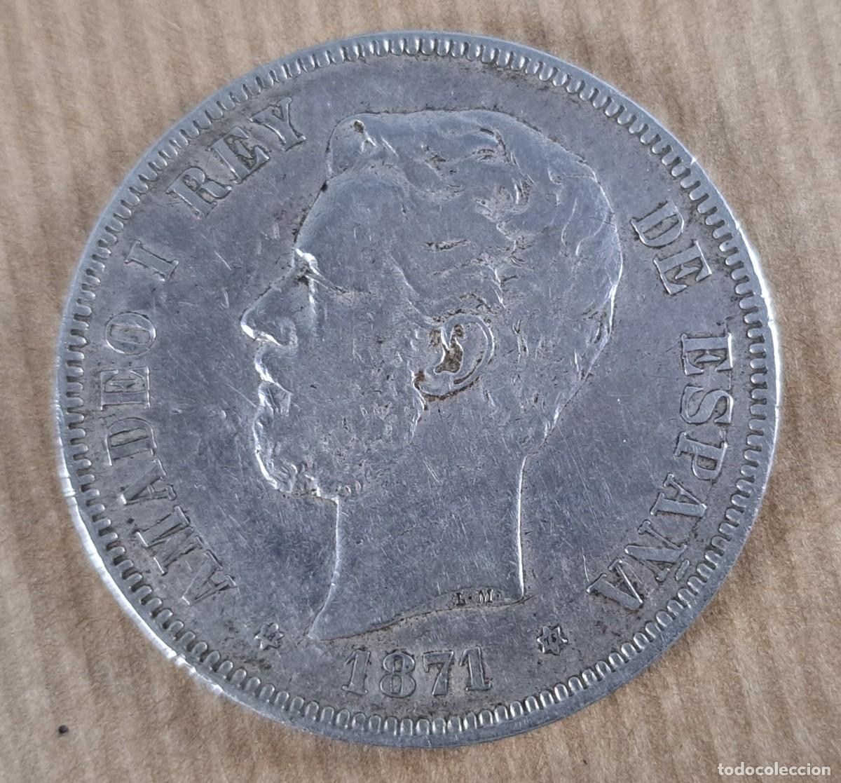 Monedas de Espa&ntilde;a: Moneda de 5 pesetas en plata, Espa&ntilde;a 1871 * 18 -75, Amadeo I