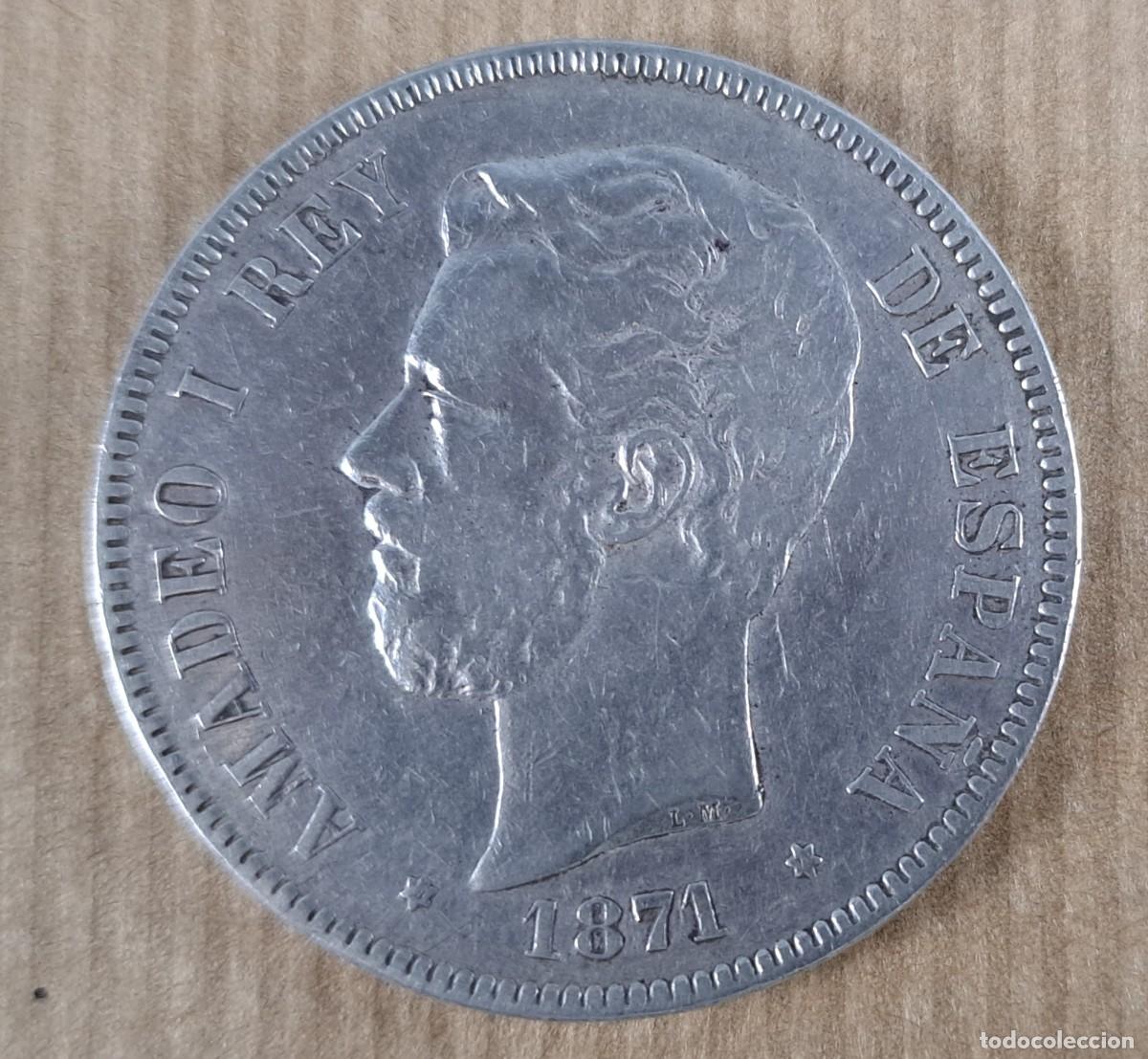 Monedas de Espa&ntilde;a: Moneda de 5 pesetas en plata, Espa&ntilde;a 1871 * 18 -71, Amadeo I