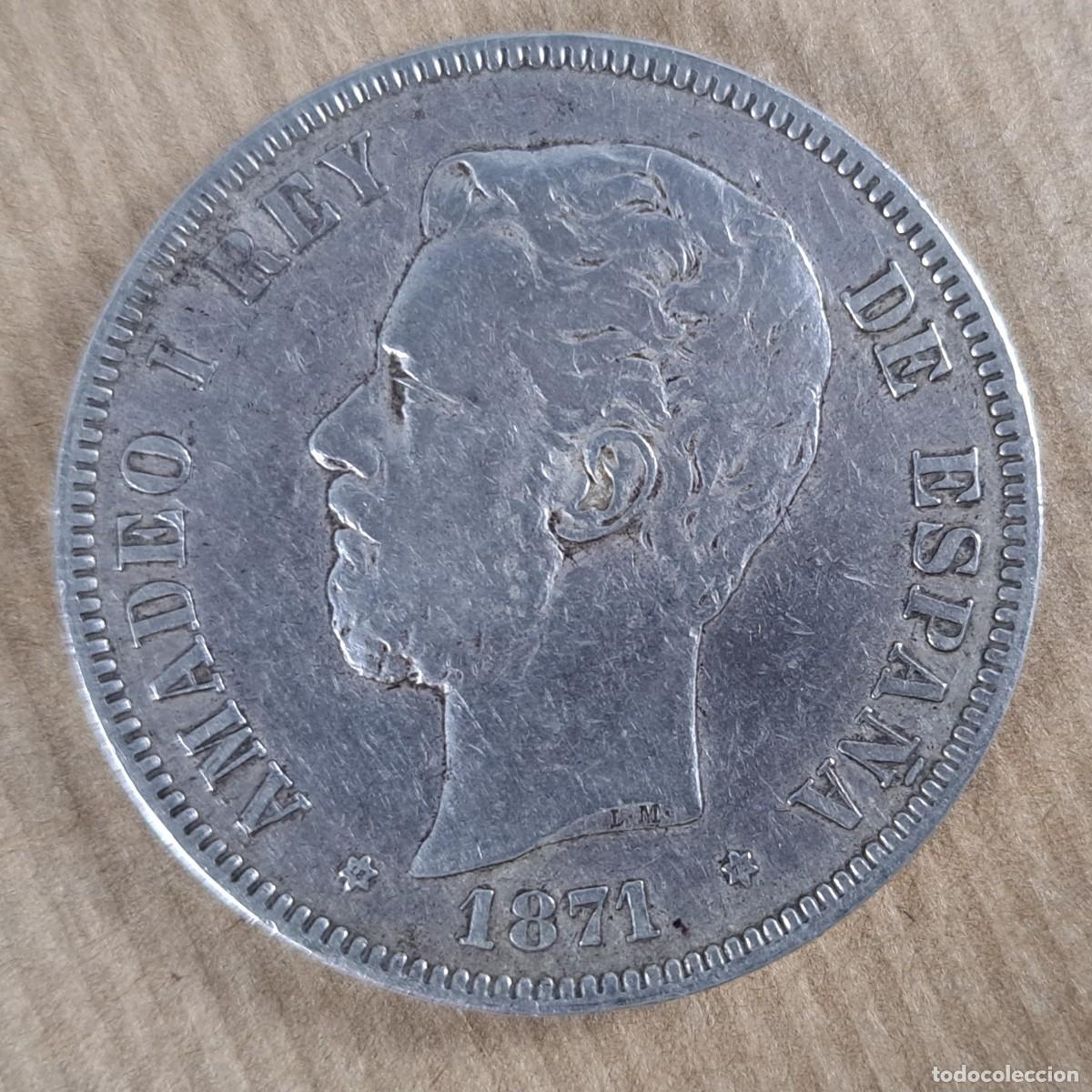 Monedas de Espa&ntilde;a: Moneda de 5 pesetas en plata, Espa&ntilde;a 1871 * 18 -71, Amadeo I