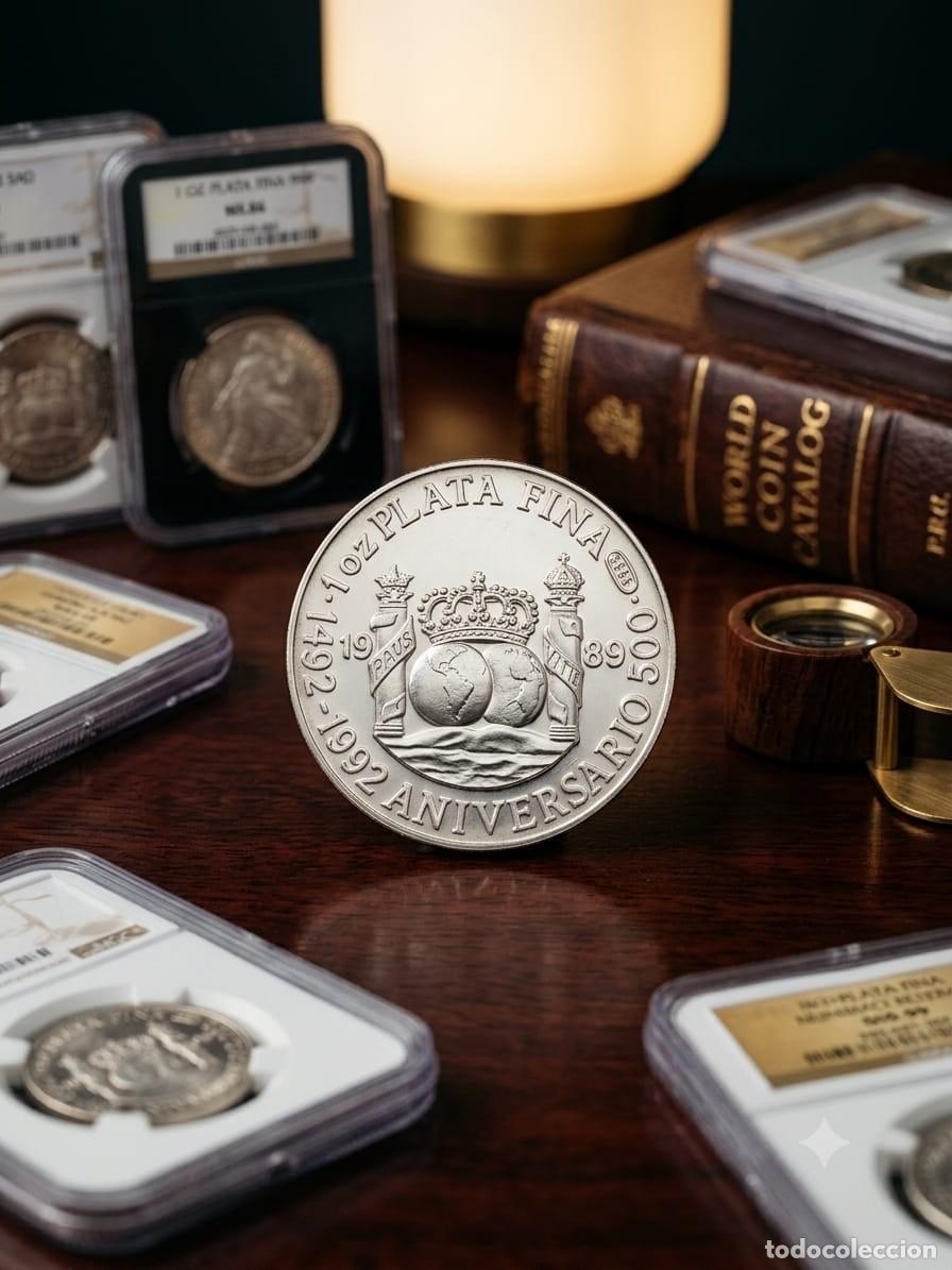 Monete da Spagna: Moneda dos onzas plata 500 aniversario 1492 - 1992 Desembarco Nuevo Continente