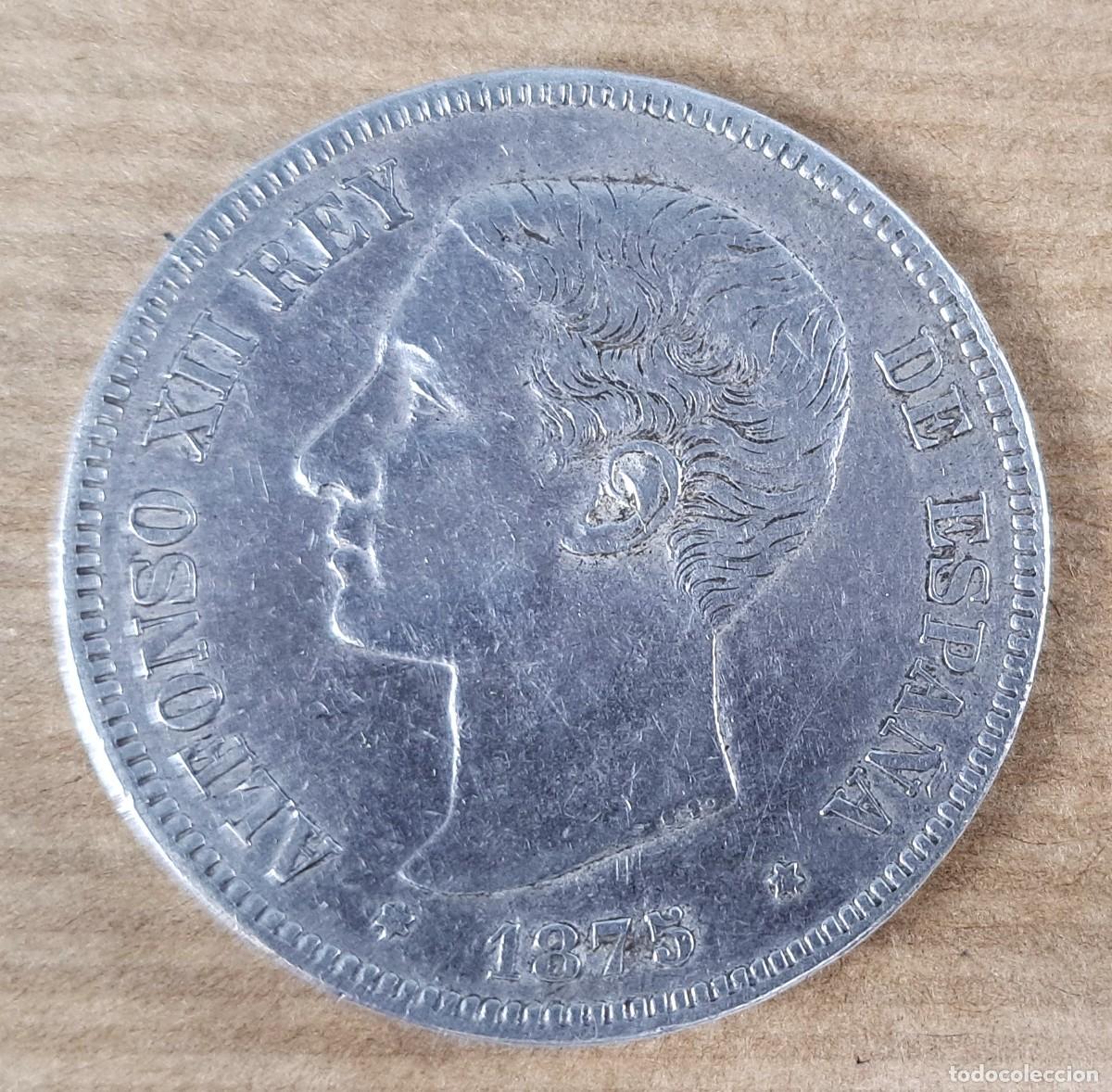 Coins of Spain: Moneda de 5 pesetas en plata, Espa&ntilde;a 1875, * 75 Alfonso XII