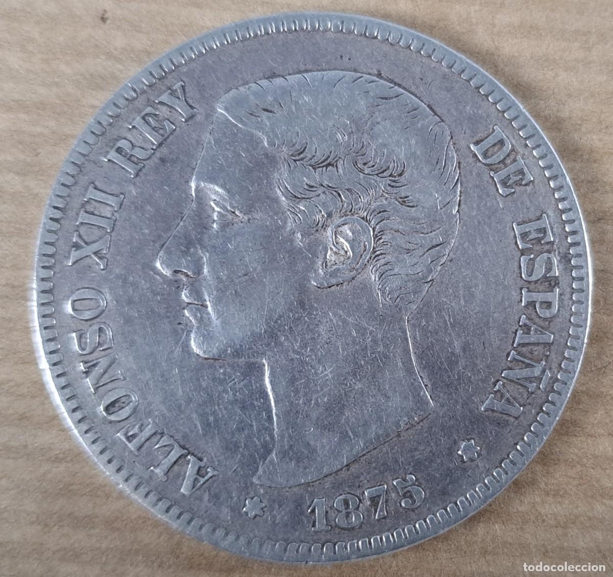 Moedas de Espanha: Moneda de 5 pesetas en plata, Espa&ntilde;a 1875, DE M Alfonso XII