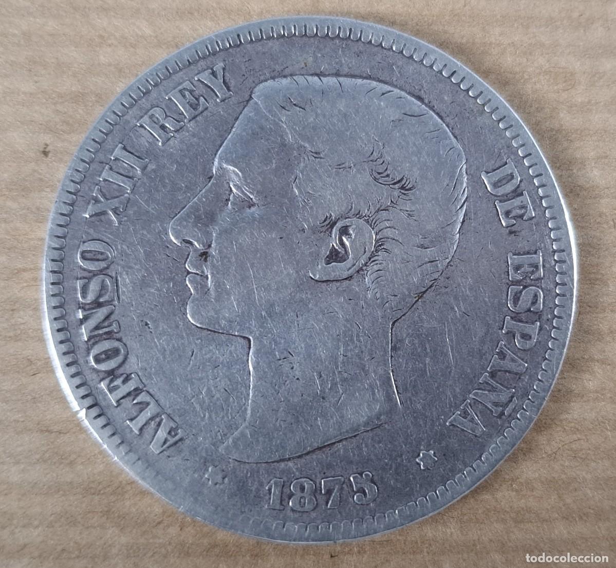 Monete da Spagna: Moneda de 5 pesetas en plata, Espa&ntilde;a 1875, DE M Alfonso XII