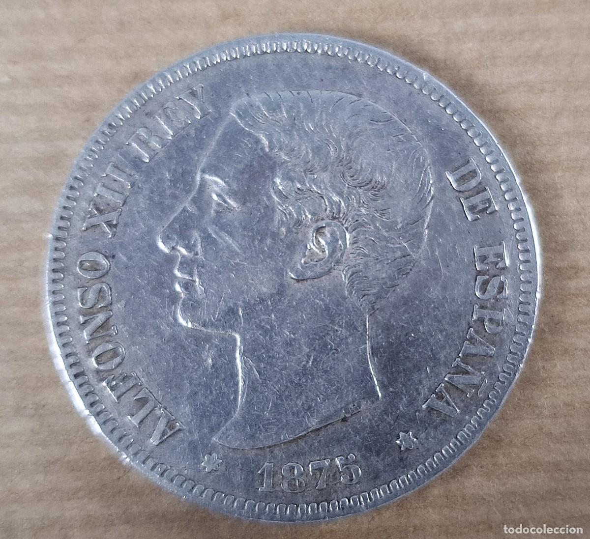 Moedas de Espanha: Moneda de 5 pesetas en plata, Espa&ntilde;a 1875, DE M Alfonso XII
