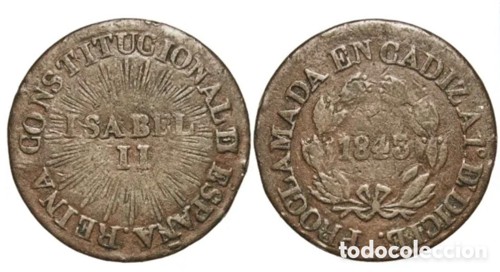 Monedas de Espa&ntilde;a: Medalla Cobre Proclamaci&oacute;n C&aacute;diz 1843 . Certificada GBCA con Error Fecha. Isabel II