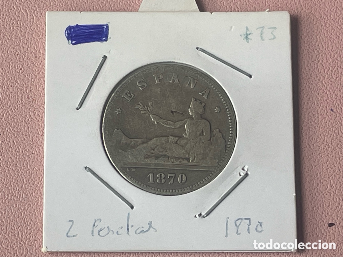 Monedas de Espa&ntilde;a: 2 Pesetas 1870 *18-73 Gobierno Provisional plata ensayadores DE-M - BC/BC+