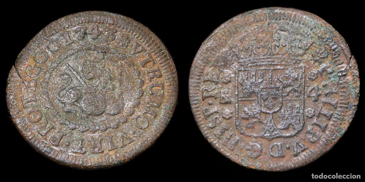 Monedas de Espa&ntilde;a: 1743, 4 Maravedis Philips V, Segovia Mint - 28 mm / 6,25 gr
